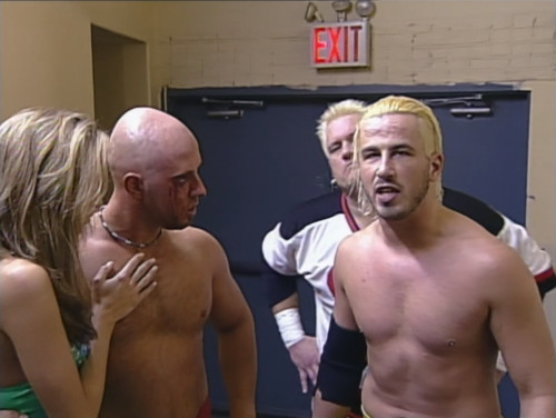 Steve Corino, Justin Credible, Francine, and Jack Victory cut a promo backstage - Guilty as Charged 2001