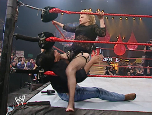 Mae Young gives Eric Bischoff a Bronco Buster - WWE Bad Blood 2003
